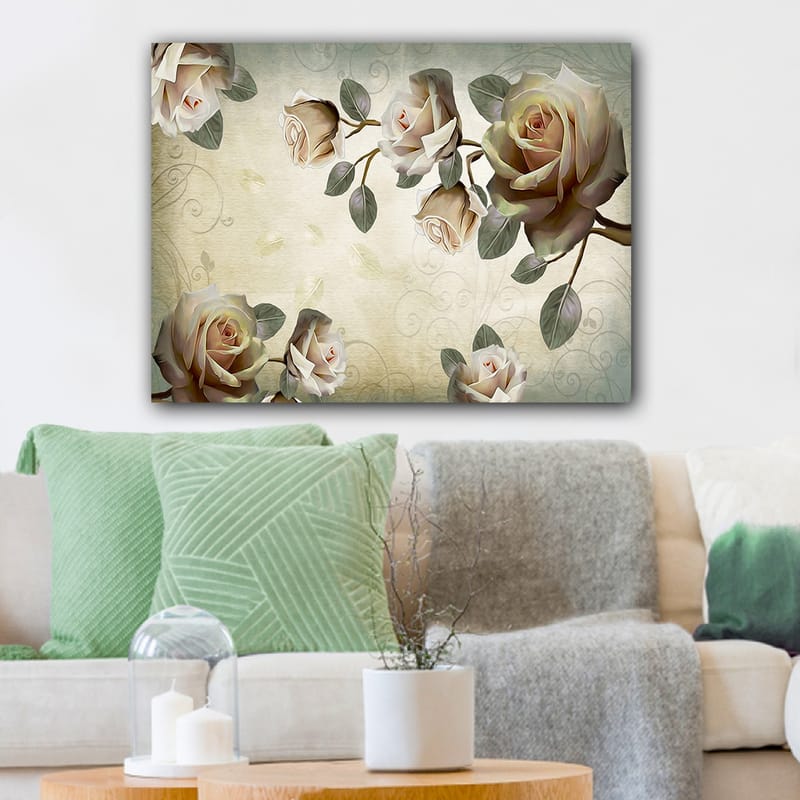 Canvas taulu 70x100 cm - Romanttinen ruususommitelma pehmeissä sävyissä, jotka symboloivat kauneutta ja rakkautta - Vaaleanpunainen / Vihreä / Beige - Sisustustuotteet - Taulu & taide - Canvas-taulu