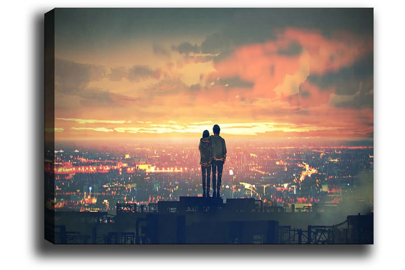 Canvas taulu 70x100 cm - Romanttinen siluetti pariskunnasta seisoo yhdessä ihailemassa auringonlaskua kaupungin yllä - Oranssi / Sininen / Musta - Sisustustuotteet - Taulu & taide - Canvas-taulu