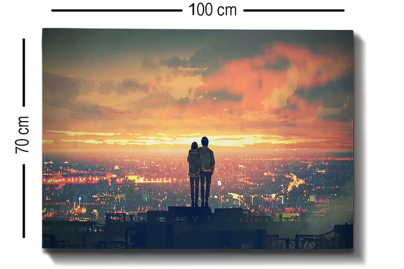 Canvas taulu 70x100 cm - Romanttinen siluetti pariskunnasta seisoo yhdessä ihailemassa auringonlaskua kaupungin yllä - Oranssi / Sininen / Musta - Sisustustuotteet - Taulu & taide - Canvas-taulu