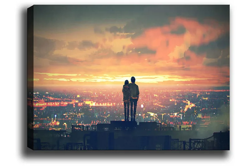 Canvas taulu 70x100 cm - Romanttinen siluetti pariskunnasta seisoo yhdessä ihailemassa auringonlaskua kaupungin yllä - Oranssi / Sininen / Musta - Sisustustuotteet - Taulu & taide - Canvas-taulu