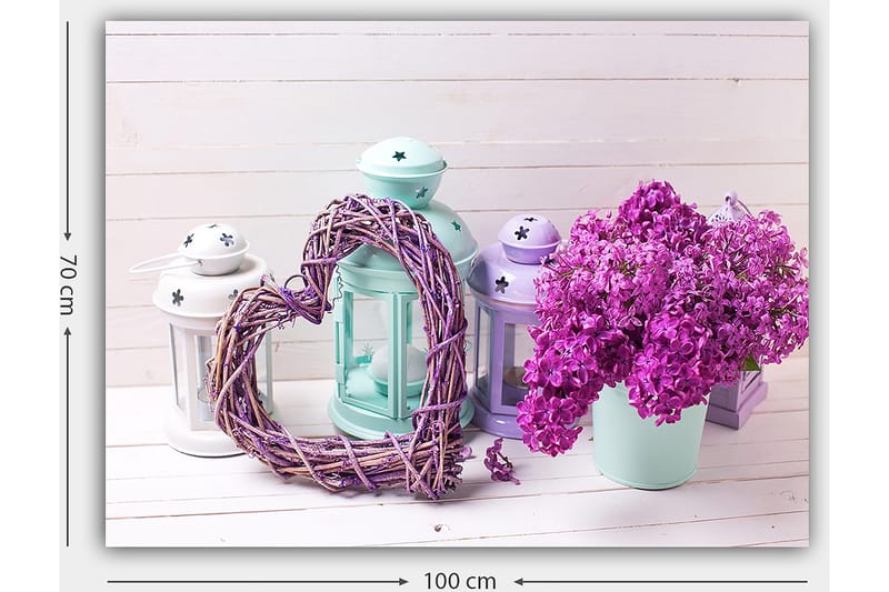 Canvas taulu 70x100 cm - Romanttinen sommitelma, jossa oksista tehty sydän ja ruukku violetteja kukkia - Violetti / Mintunvihreä / Valkoinen - Sisustustuotteet - Taulu & taide - Canvas-taulu