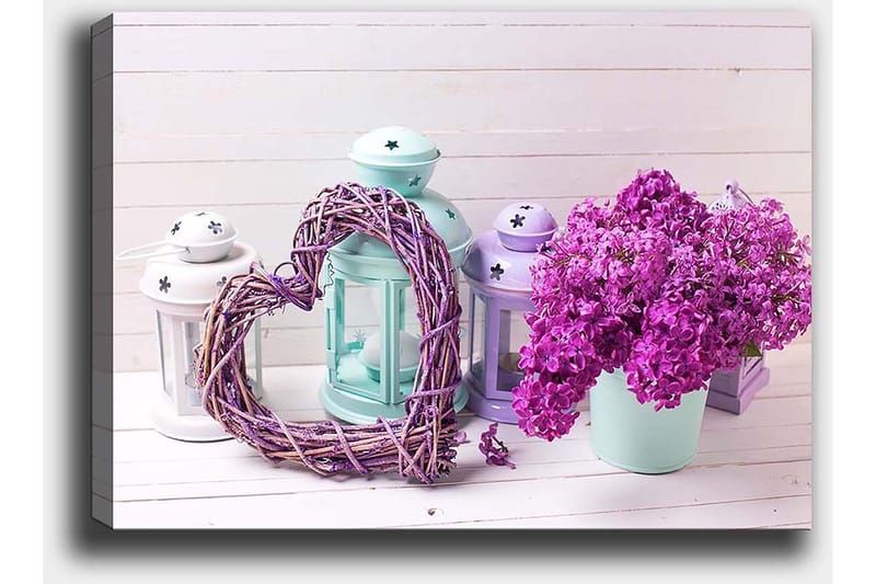 Canvas taulu 70x100 cm - Romanttinen sommitelma, jossa oksista tehty sydän ja ruukku violetteja kukkia - Violetti / Mintunvihreä / Valkoinen - Sisustustuotteet - Taulu & taide - Canvas-taulu