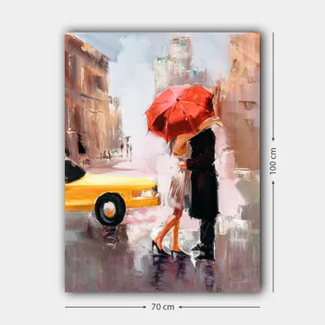 Canvas taulu 70x100 cm - Romanttinen suudelma punaisen sateenvarjon alla kaupunkiympäristössä - Punainen / Musta / Keltainen - Sisustustuotteet - Taulu & taide - Canvas-taulu
