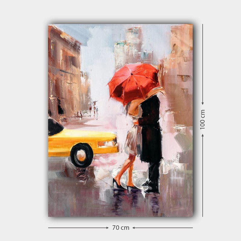 Canvas taulu 70x100 cm - Romanttinen suudelma punaisen sateenvarjon alla kaupunkiympäristössä - Punainen / Musta / Keltainen - Sisustustuotteet - Taulu & taide - Canvas-taulu