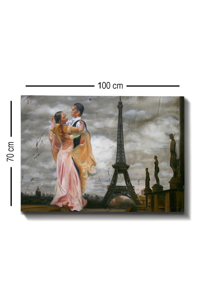 Canvas taulu 70x100 cm - Romanttinen tanssi pariskunnan välillä Eiffel-tornin edessä Pariisissa - Vaaleanpunainen / Musta / Beige - Sisustustuotteet - Taulu & taide - Canvas-taulu