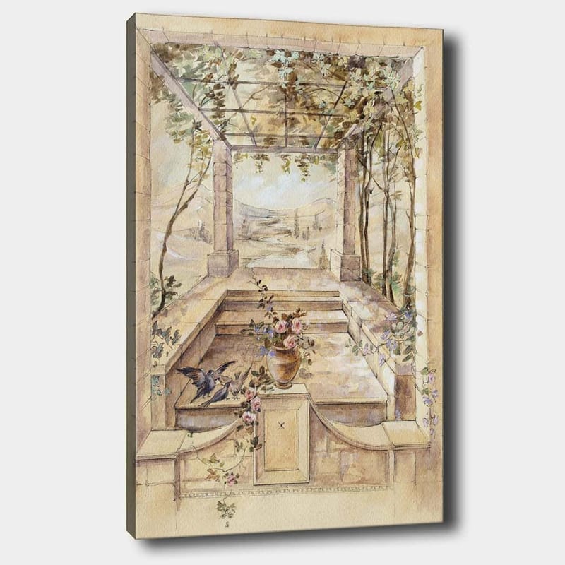 Canvas taulu 70x100 cm - Romanttinen puutarha kauniilla näkymällä ja kukkia maljakossa, Beige / Vihreä / Vaaleanpunainen