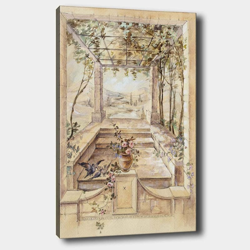 Canvas taulu 70x100 cm - Romanttinen puutarha kauniilla näkymällä ja kukkia maljakossa, Beige / Vihreä / Vaaleanpunainen