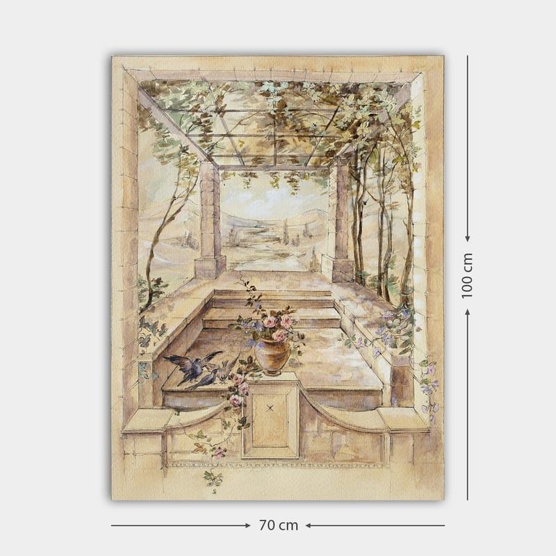 Canvas taulu 70x100 cm - Romanttinen puutarha kauniilla näkymällä ja kukkia maljakossa - Beige / Vihreä / Vaaleanpunainen - Sisustustuotteet - Taulu & taide - Canvas-taulu