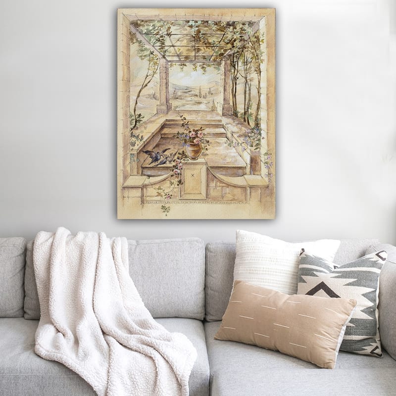 Canvas taulu 70x100 cm - Romanttinen puutarha kauniilla näkymällä ja kukkia maljakossa - Beige / Vihreä / Vaaleanpunainen - Sisustustuotteet - Taulu & taide - Canvas-taulu