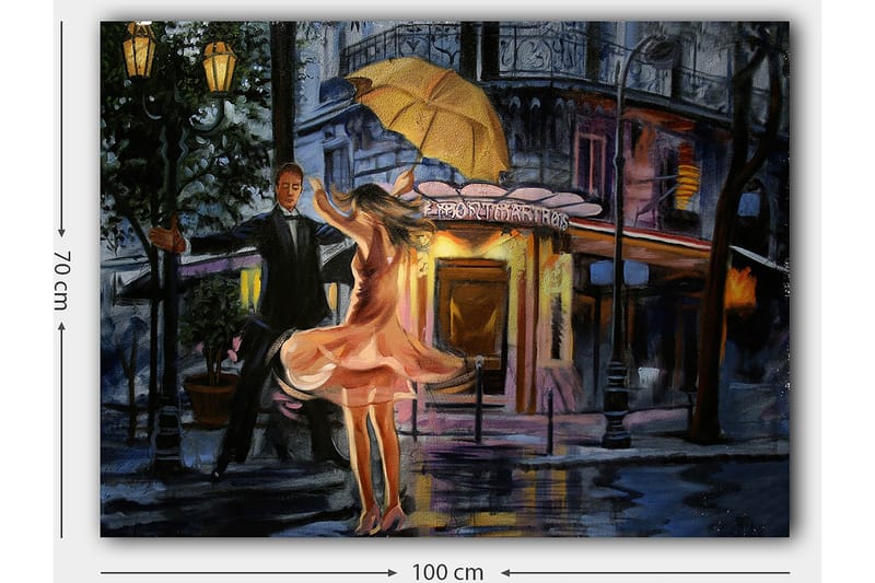 Canvas taulu 70x100 cm - Romanttinen pari tanssii sateenvarjon alla sateessa - Vaaleanpunainen / Musta / Keltainen - Sisustustuotteet - Taulu & taide - Canvas-taulu