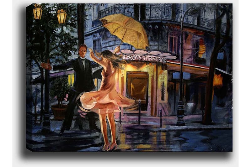 Canvas taulu 70x100 cm - Romanttinen pari tanssii sateenvarjon alla sateessa - Vaaleanpunainen / Musta / Keltainen - Sisustustuotteet - Taulu & taide - Canvas-taulu
