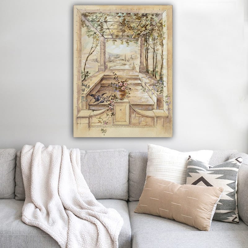 Canvas taulu 70x100 cm - Romanttinen puutarha kauniilla näkymällä ja kukkia maljakossa - Beige / Vihreä / Vaaleanpunainen - Sisustustuotteet - Taulu & taide - Canvas-taulu