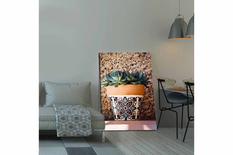 Canvas taulu 70x100 cm - Ruukku mehikasveilla koristekuviossa, Vihreä / Terrakotta / Musta