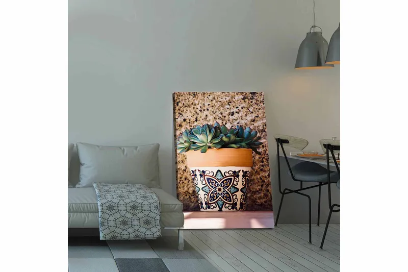 Canvas taulu 70x100 cm - Ruukku mehikasveilla koristekuviossa, Vihreä / Terrakotta / Musta