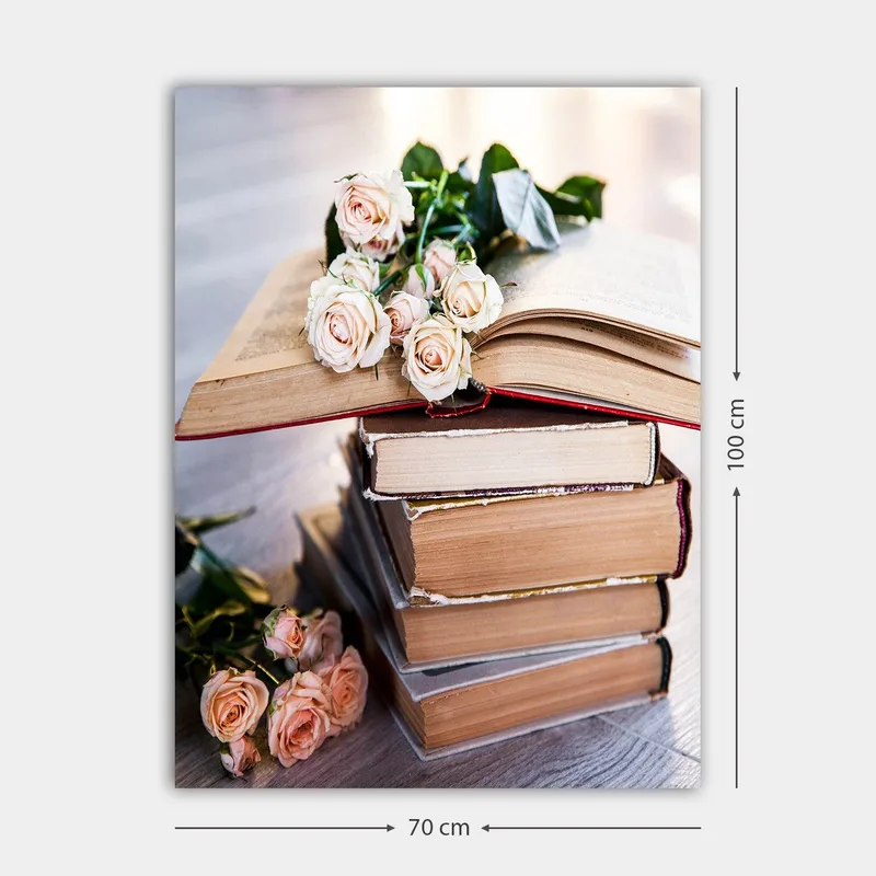 Canvas taulu 70x100 cm - Ruusukimppu kirjapinon päällä - Vaaleanpunainen / Beige / Ruskea - Sisustustuotteet - Taulu & taide - Canvas-taulu