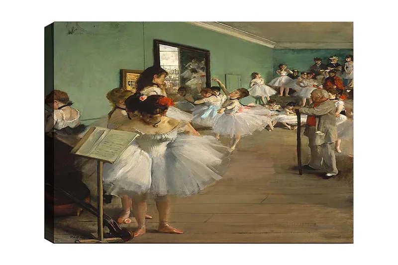 Canvas taulu 70x100 cm - Ryhmä ballerineita harjoittelemassa tanssisalissa, Valkoinen / Vaaleansininen / Vihreä