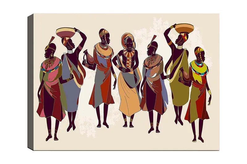 Canvas taulu 70x100 cm - Ryhmä naisia perinteisissä vaatteissa kantamassa esineitä päässään ja käsissään, Tummanruskea / Punainen / Vihreä