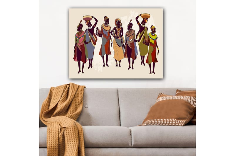 Canvas taulu 70x100 cm - Ryhmä naisia perinteisissä vaatteissa kantamassa esineitä päässään ja käsissään - Tummanruskea / Punainen / Vihreä - Sisustustuotteet - Taulu & taide - Canvas-taulu