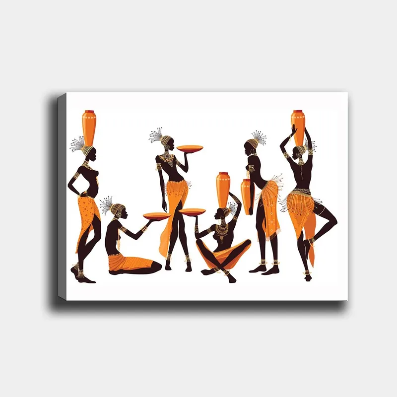 Canvas taulu 70x100 cm - Ryhmä perinnevaatteissa olevia naisia kantamassa astioita ja lautasia, Oranssi / Musta