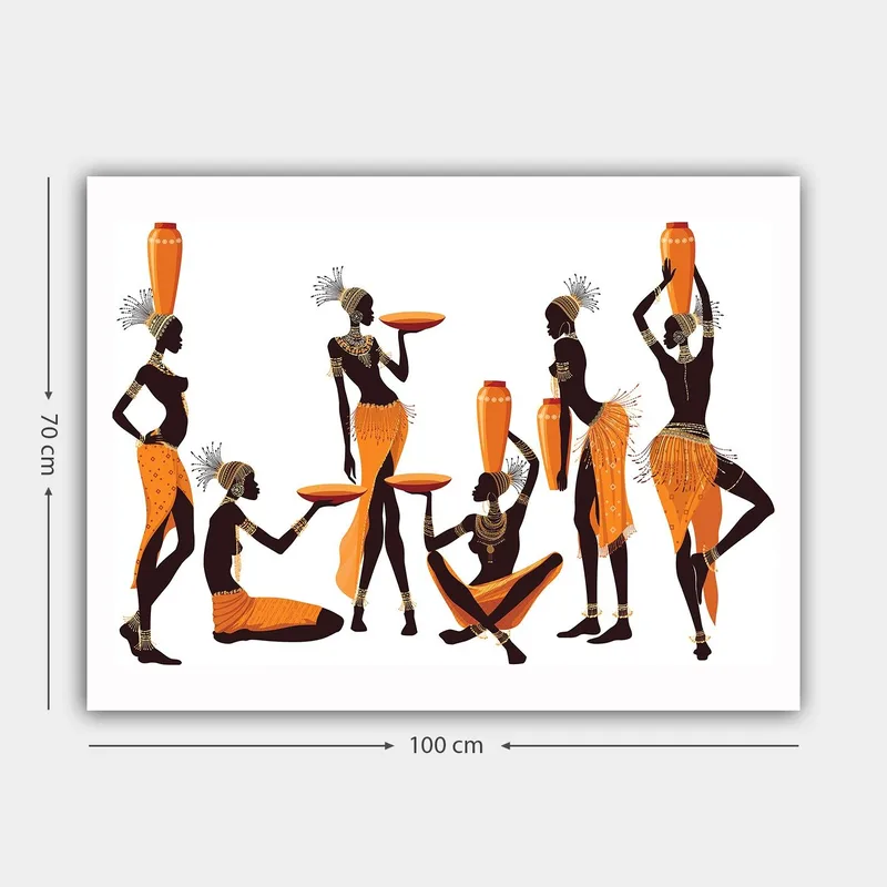 Canvas taulu 70x100 cm - Ryhmä perinnevaatteissa olevia naisia kantamassa astioita ja lautasia - Oranssi / Musta - Sisustustuotteet - Taulu & taide - Canvas-taulu