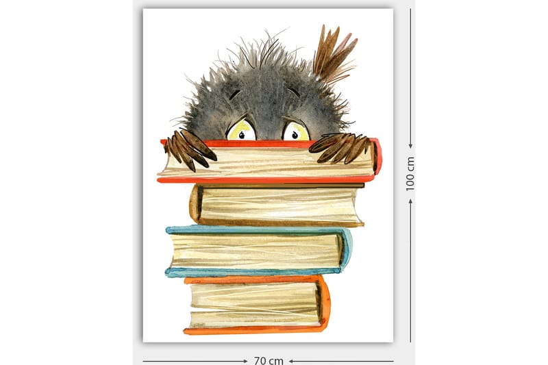 Canvas taulu 70x100 cm - Söpö, utelias hahmo kurkistaa kirjapinon takaa - Musta / Beige / Oranssi - Sisustustuotteet - Taulu & taide - Canvas-taulu