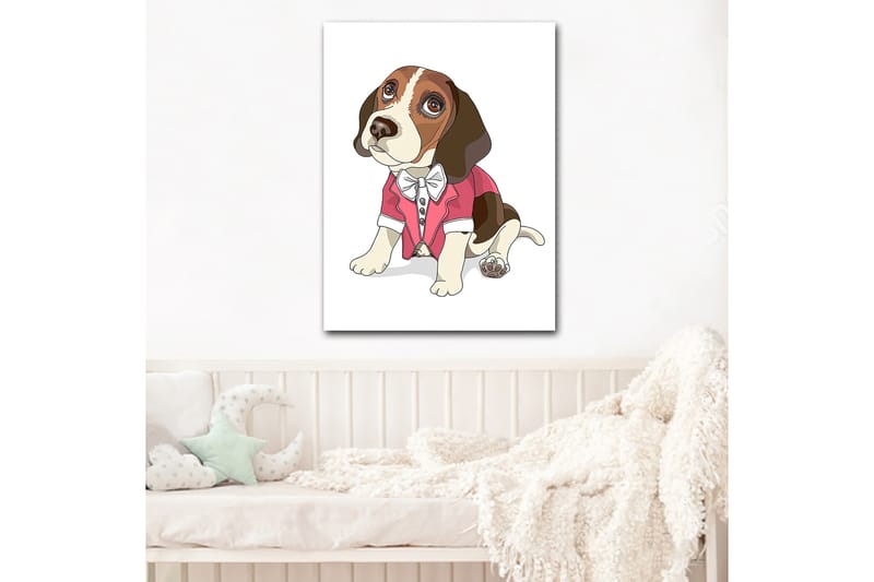 Canvas taulu 70x100 cm - Söpö beagle punaisessa takissa ja rusetilla, Punainen / Ruskea / Valkoinen