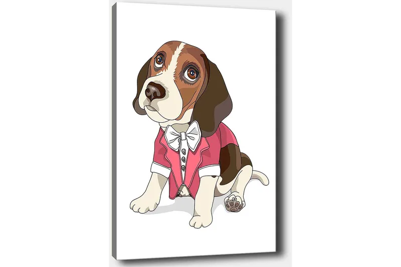 Canvas taulu 70x100 cm - Söpö beagle punaisessa takissa ja rusetilla - Punainen / Ruskea / Valkoinen - Sisustustuotteet - Taulu & taide - Canvas-taulu