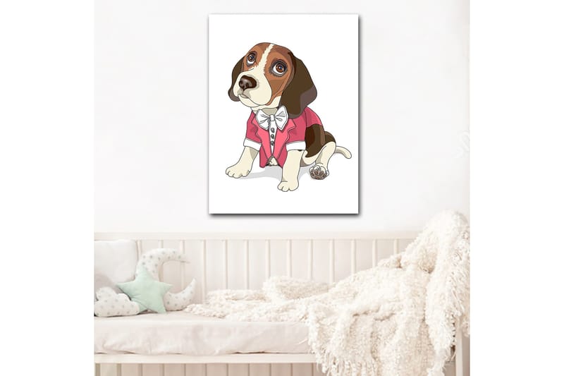 Canvas taulu 70x100 cm - Söpö beagle punaisessa takissa ja rusetilla, Punainen / Ruskea / Valkoinen