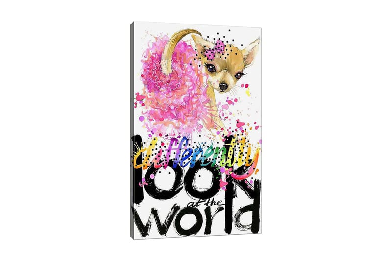 Canvas taulu 70x100 cm - Söpö chihuahua vaaleanpunaisella kukalla ja värikkäillä yksityiskohdilla - Vaaleanpunainen / Musta / Beige - Sisustustuotteet - Taulu & taide - Canvas-taulu