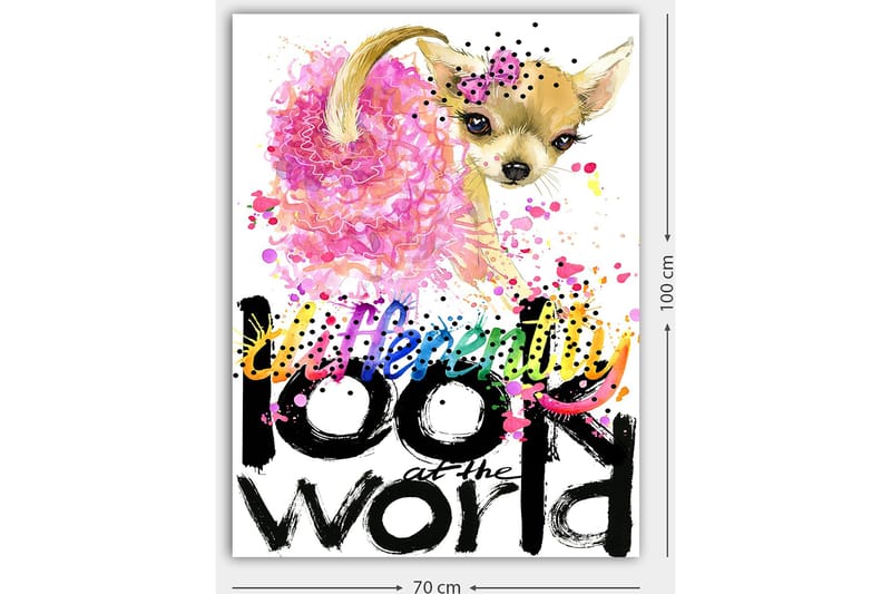 Canvas taulu 70x100 cm - Söpö chihuahua vaaleanpunaisella kukalla ja värikkäillä yksityiskohdilla - Vaaleanpunainen / Musta / Beige - Sisustustuotteet - Taulu & taide - Canvas-taulu