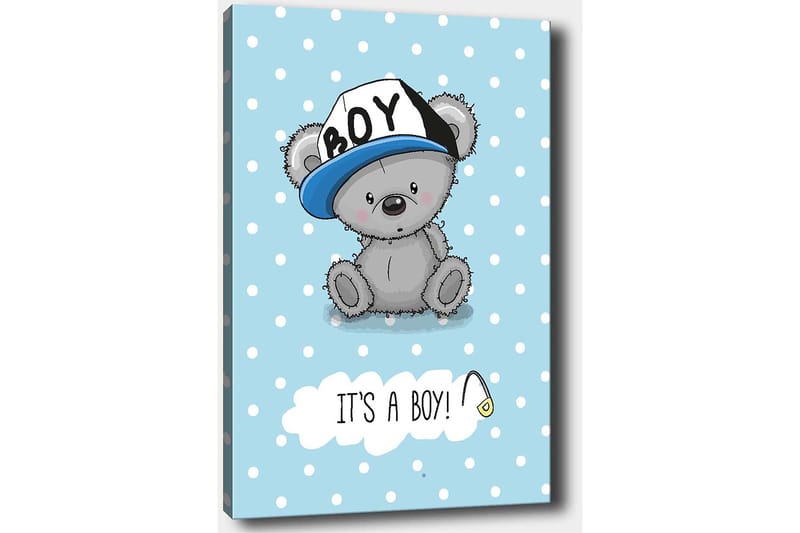 Canvas taulu 70x100 cm - Söpö harmaa karhu sinisellä lakilla istumassa vaaleansinisellä taustalla, jossa on valkoisia pilkkuja - Sininen / Harmaa - Sisustustuotteet - Taulu & taide - Canvas-taulu