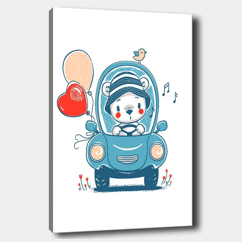 Canvas taulu 70x100 cm - Söpö karhu autossa ilmapalloja pitelemässä ja onnelliselta näyttäen, Sininen / Punainen / Beige