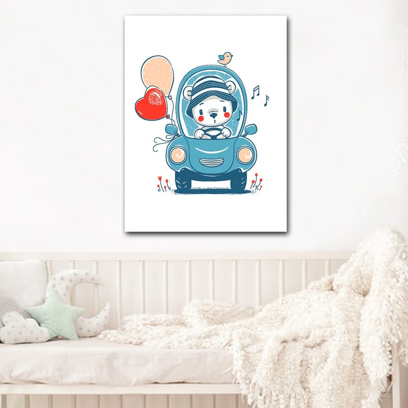 Canvas taulu 70x100 cm - Söpö karhu autossa ilmapalloja pitelemässä ja onnelliselta näyttäen - Sininen / Punainen / Beige - Sisustustuotteet - Taulu & taide - Canvas-taulu