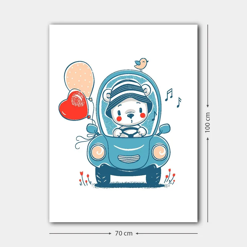 Canvas taulu 70x100 cm - Söpö karhu autossa ilmapalloja pitelemässä ja onnelliselta näyttäen - Sininen / Punainen / Beige - Sisustustuotteet - Taulu & taide - Canvas-taulu
