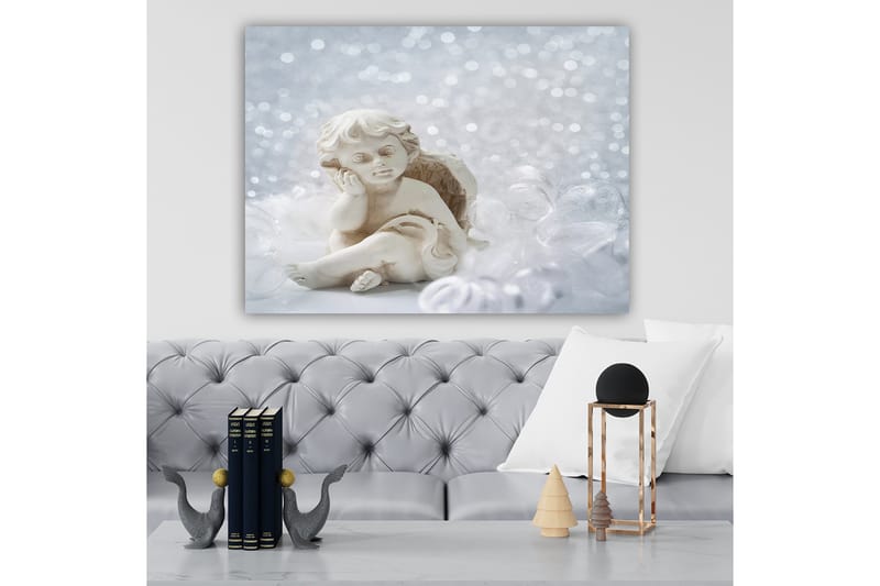 Canvas taulu 70x100 cm - Söpö keraaminen enkeli istumassa mietteliäs ilme - Valkoinen / Beige - Sisustustuotteet - Taulu & taide - Canvas-taulu