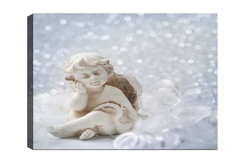 Canvas taulu 70x100 cm - Söpö keraaminen enkeli istumassa mietteliäs ilme, Valkoinen / Beige