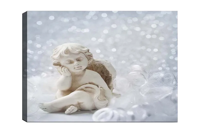 Canvas taulu 70x100 cm - Söpö keraaminen enkeli istumassa mietteliäs ilme, Valkoinen / Beige