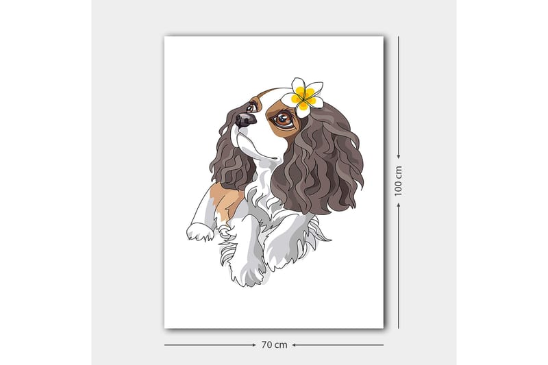Canvas taulu 70x100 cm - Söpö kiharatukkainen koira, jolla on kukka korvassaan - Ruskea / Valkoinen / Musta - Sisustustuotteet - Taulu & taide - Canvas-taulu
