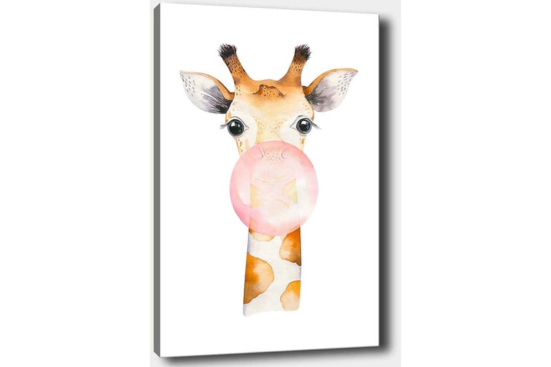 Canvas taulu 70x100 cm - Söpö kirahvi puhaltaa purukumipalloa - Beige / Vaaleanpunainen / Ruskea - Sisustustuotteet - Taulu & taide - Canvas-taulu