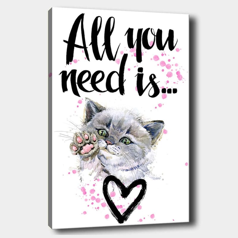 Canvas taulu 70x100 cm - Söpö kissa ojentaa tassuaan, taustalla sydämenmuotoinen ääriviiva, Harmaa / Vaaleanpunainen / Vihreä