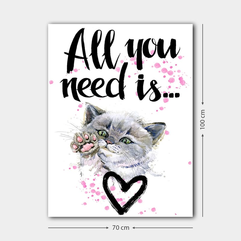 Canvas taulu 70x100 cm - Söpö kissa ojentaa tassuaan, taustalla sydämenmuotoinen ääriviiva - Harmaa / Vaaleanpunainen / Vihreä - Sisustustuotteet - Taulu & taide - Canvas-taulu