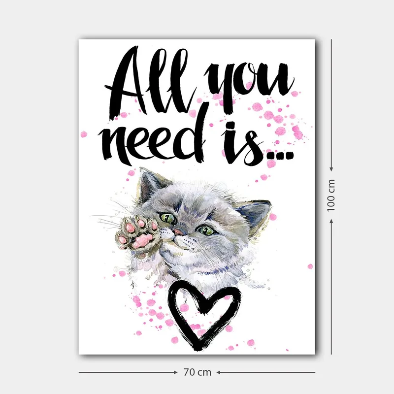 Canvas taulu 70x100 cm - Söpö kissa ojentaa tassuaan, taustalla sydämenmuotoinen ääriviiva - Harmaa / Vaaleanpunainen / Vihreä - Sisustustuotteet - Taulu & taide - Canvas-taulu