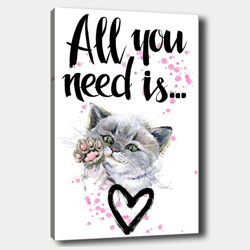 Canvas taulu 70x100 cm - Söpö kissa ojentaa tassuaan, taustalla sydämenmuotoinen ääriviiva, Harmaa / Vaaleanpunainen / Vihreä