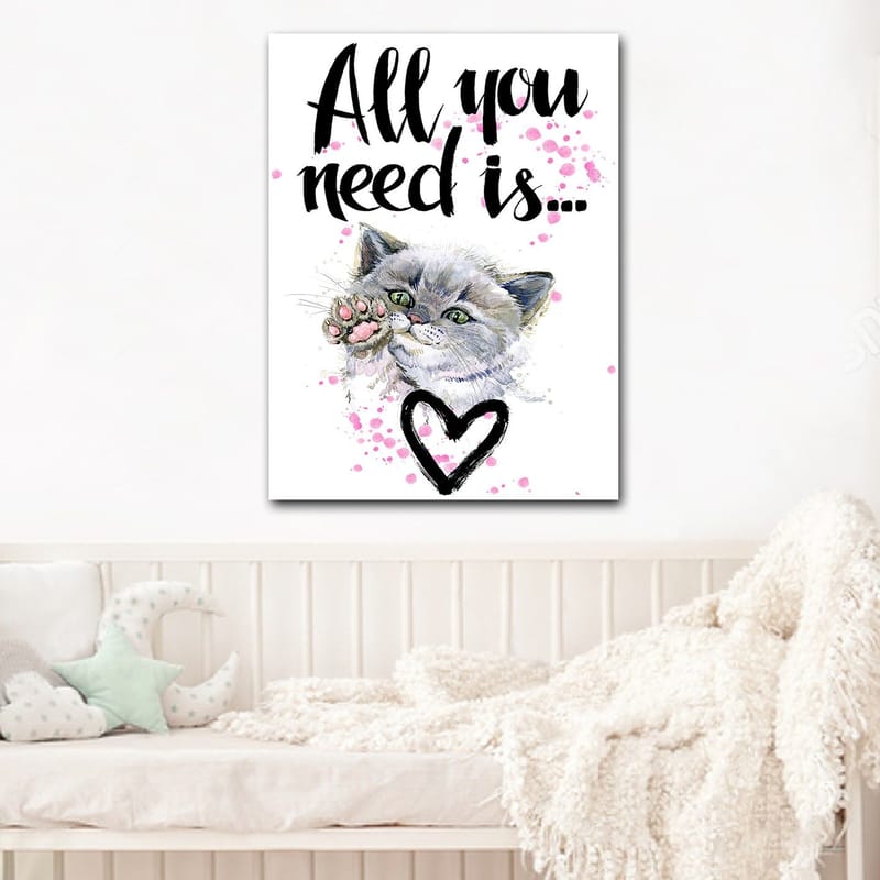 Canvas taulu 70x100 cm - Söpö kissa ojentaa tassuaan, taustalla sydämenmuotoinen ääriviiva - Harmaa / Vaaleanpunainen / Vihreä - Sisustustuotteet - Taulu & taide - Canvas-taulu