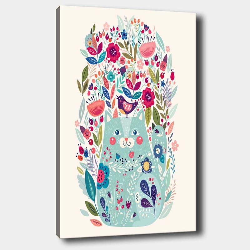 Canvas taulu 70x100 cm - Söpö kissa värikkäiden kukkien ja kasvien ympäröimänä, Mintunvihreä / Tummansininen / Vaaleanpunainen