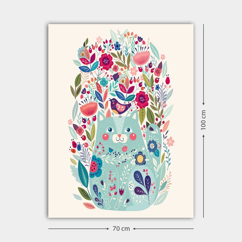 Canvas taulu 70x100 cm - Söpö kissa värikkäiden kukkien ja kasvien ympäröimänä - Mintunvihreä / Tummansininen / Vaaleanpunainen - Sisustustuotteet - Taulu & taide - Canvas-taulu