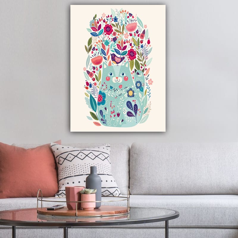 Canvas taulu 70x100 cm - Söpö kissa värikkäiden kukkien ja kasvien ympäröimänä - Mintunvihreä / Tummansininen / Vaaleanpunainen - Sisustustuotteet - Taulu & taide - Canvas-taulu