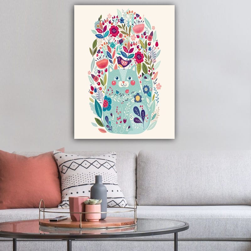 Canvas taulu 70x100 cm - Söpö kissa värikkäiden kukkien ja kasvien ympäröimänä - Mintunvihreä / Tummansininen / Vaaleanpunainen - Sisustustuotteet - Taulu & taide - Canvas-taulu