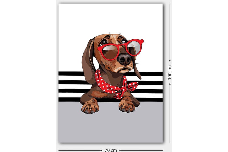 Canvas taulu 70x100 cm - Söpö koira aurinkolaseissa ja punaisessa pilkullisessa huivissa - Ruskea / Punainen / Harmaa - Sisustustuotteet - Taulu & taide - Canvas-taulu