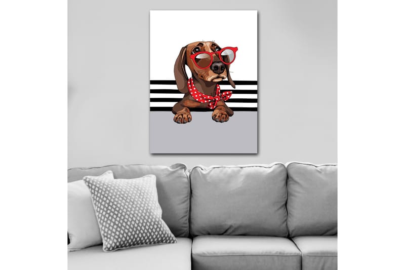 Canvas taulu 70x100 cm - Söpö koira aurinkolaseissa ja punaisessa pilkullisessa huivissa, Ruskea / Punainen / Harmaa